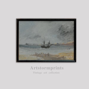 Historic Sailing Ships in Port, River Harbor Impressionist Painting, Digital Download and Printable Wall Art