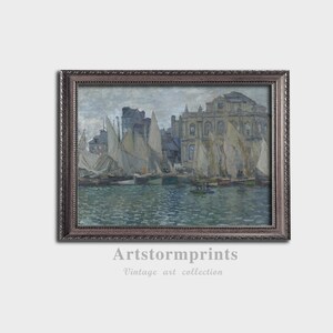 Harbor with Sailing Boats Digital Download, Impressionist Seaside Town Scene Printable Wall Art for Coastal and Nautical Decor