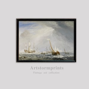 Dramatic seascape watercolor, ships and coastal city skyline digital download printable wall art