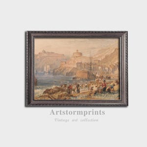 Busy Fishing Harbor Digital Download Printable, Vintage Coastal Wall Art with Boats
