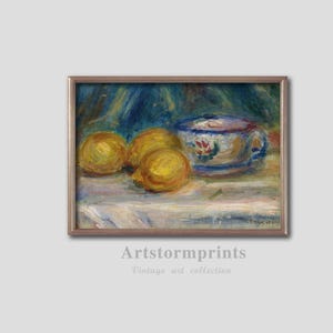 Lemon Still Life with Floral Cup Wall Art, Kitchen Dining Room Digital Download, Impressionist Fruit Printable Decor