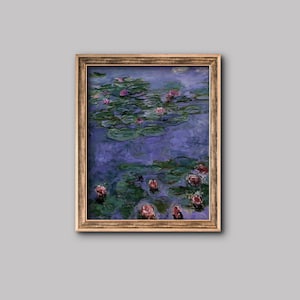 Digitaler Download druckbare Seerosen am blauen Teich, impressionistische Blumenwandkunst für Wohnzimmerdekor