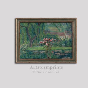 Rose rosa di Garden Pond, download digitale stampabile, arte murale floreale impressionista