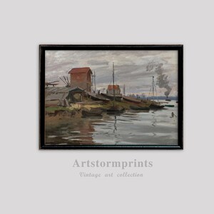 Boat Dock and Riverside Village, Digital Download Printable Impressionist Harbor Scene for Nautical Wall Art