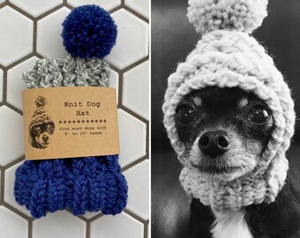 Indigo Blue and Light Grey Marl Colorblock - Knit Wool Hat for Small Dog - Puppy Hood - Chihuahua Clothes - Warm Winter Dog Beanie