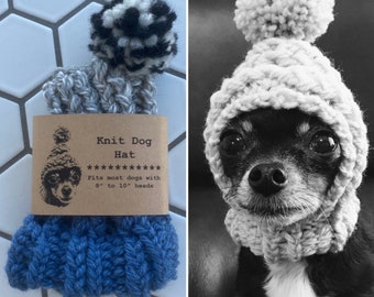 Denim Blue and Light Grey Marl Colorblock - Knit Wool Hat for Small Dog - Puppy Hood - Chihuahua Clothes - Warm Winter Dog Beanie - Snood