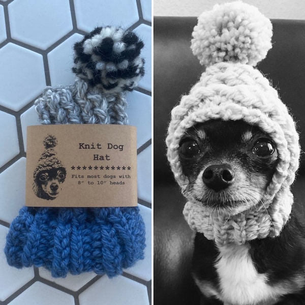 Denim Blue and Light Grey Marl Colorblock - Knit Wool Hat for Small Dog - Puppy Hood - Chihuahua Clothes - Warm Winter Dog Beanie - Snood