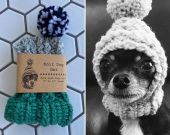Jade Green and Light Grey Marl Colorblock - Knit Wool Hat for Small Dog - Puppy Hood - Chihuahua Clothes - Warm Winter Dog Beanie - Snood