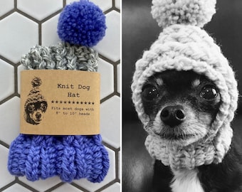 Cornflower Blue and Light Grey Marl Colorblock - Knit Wool Hat for Small Dog - Puppy Hood - Chihuahua Clothes - Warm Winter Dog Beanie