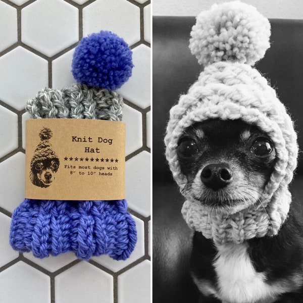 Cornflower Blue and Light Grey Marl Colorblock - Knit Wool Hat for Small Dog - Puppy Hood - Chihuahua Clothes - Warm Winter Dog Beanie