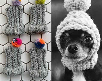 Light Grey with Multicolor Pom - Knit Wool Hat for Small Dog - Puppy Hood - Chihuahua Clothes - Warm Winter Dog Beanie - Snood