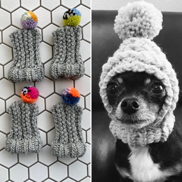 Light Grey with Multicolor Pom - Knit Wool Hat for Small Dog - Puppy Hood - Chihuahua Clothes - Warm Winter Dog Beanie - Snood