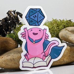 May include: A pink axolotl wearing a blue cape sits on an open book, holding a blue 20-sided die above its head.