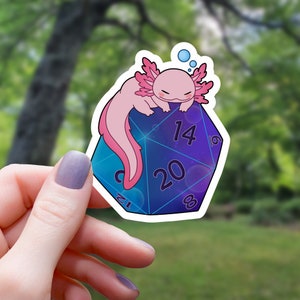 Axolotl On D20 Sticker | Axolotl Sticker | Dice Sticker | Rpg Sticker | Tabletop Gaming Sticker | RPG Sticker