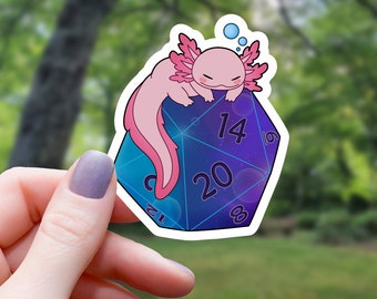 Axolotl On D20 Sticker | Axolotl Sticker | Dice Sticker | Rpg Sticker | Tabletop Gaming Sticker | RPG Sticker