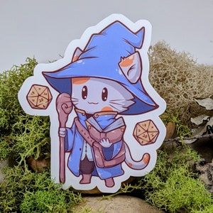 May include: A white cat wearing a blue wizard hat and robe, holding a book and a staff. The cat has orange spots and is holding a 20-sided die.
