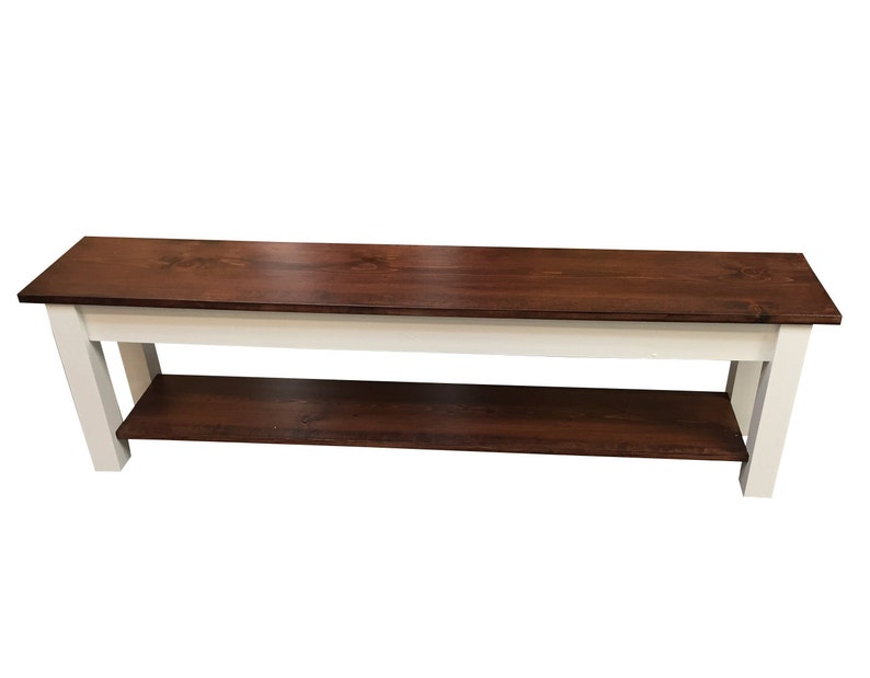 1776 Farmhouse Bench with Storage Shelf, Rustic Solid Wood Bench image 2