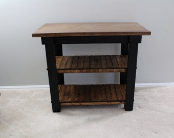 Rustic Farmhouse Kitchen Island with Storage, Dark Walnut & Black