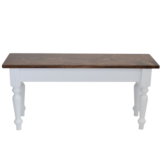 Berkshire Farmhouse Bench / Light Walnut and white / Round Turned Legs / Country Style / Solid Wood, polyurethane clear coat