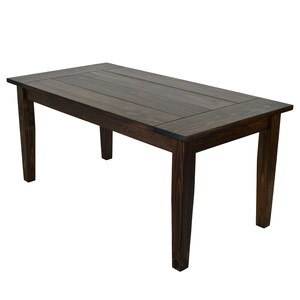 May include: A dark brown wooden dining table with a rectangular top and four legs. The table has a simple, rustic design.