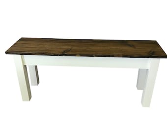 Colonial Harvest Farmhouse Bench / Rustic Solid Wood Bench / durable polyurethane clear coat / Dark Walnut top - White Base / Country Style