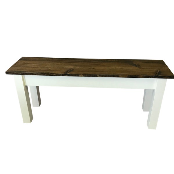 Colonial Harvest Farmhouse Bench / Rustic Solid Wood Bench / durable polyurethane clear coat / Dark Walnut top - White Base / Country Style