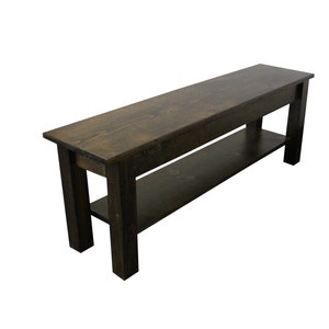 Yukon Farmhouse Bench with Storage Shelf, Rustic Solid Wood Bench / Dark Walnut/ Mudroom Entry seating / durable polyurethane clear coat