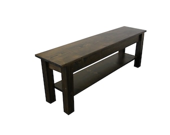 Yukon Farmhouse Bench with Storage Shelf, Rustic Solid Wood Bench / Dark Walnut/ Mudroom Entry seating / durable polyurethane clear coat