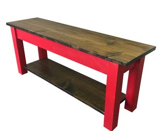 Dark Walnut and Barn Wood Red Storage Bench /Shoe Rack Bench / Foyer Bench / Mudroom Bench