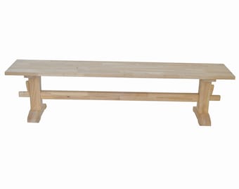 May include: A natural wood bench with a simple design. The bench has a rectangular top and four legs. The legs are slightly flared at the bottom.