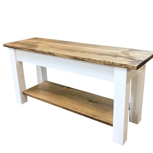 Ambler Farmhouse Bench with Storage Shelf, Rustic Solid Wood Bench