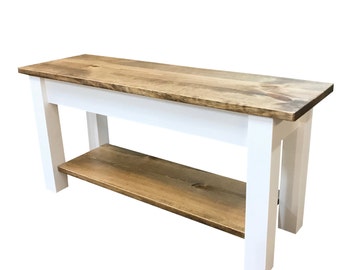 Ambler Farmhouse Bench with Storage Shelf, Rustic Solid Wood Bench