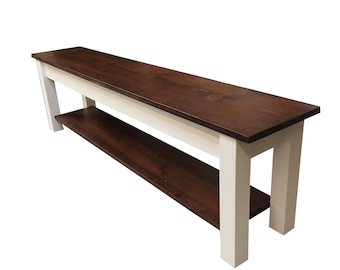 1776 Farmhouse Bench with Storage Shelf, Rustic Solid Wood Bench