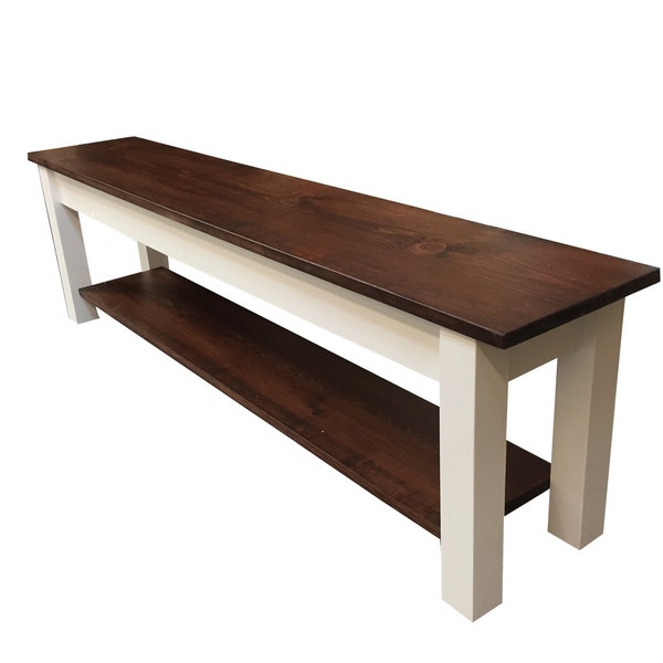 1776 Farmhouse Bench with Storage Shelf, Rustic Solid Wood Bench