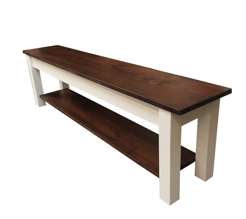 1776 Farmhouse Bench with Storage Shelf, Rustic Solid Wood Bench image 1