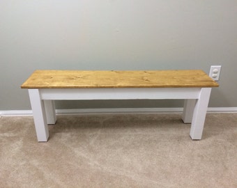 Farmhouse Bench (Golden Oak and white) Rustic Country Style / Solid Wood durable polyurethane clear coat / Mudroom Entryway Seating