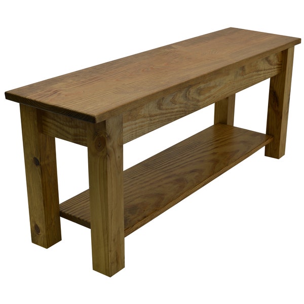 Ranch Golden Oak Farmhouse Bench with Storage Shelf, Rustic Solid Wood Bench / durable polyurethane clear coat