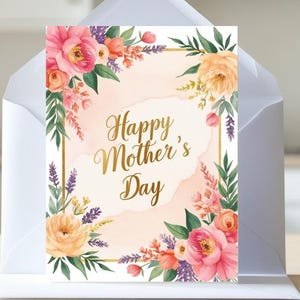 Printable Mother’s Day Card | Watercolor Floral 5x7 Card for Mom | Elegant Spring Greeting | Instant Download PDF