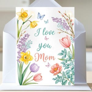 Carte pour la fête des mères Je t'aime maman aquarelle de fleurs avec papillons | Carte pour maman PDF imprimable