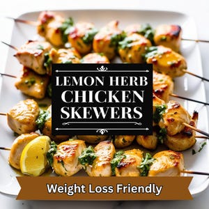 Meilleure recette de brochettes de poulet au citron et aux herbes | Amical pour la perte de poids | Poulet grillé avec trempette au yogourt | Recette imprimable saine | PDF numérique