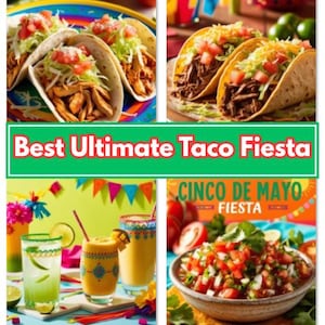 Può includere: Un collage di immagini con tema festa del Cinco de Mayo. L'immagine in alto a sinistra mostra tre tacos con ripieno di pollo, lattuga e pomodoro. L'immagine in alto a destra mostra due tacos con ripieno di manzo, lattuga e pomodoro. L'immagine in basso a sinistra mostra tre bicchieri di bevande colorate. L'immagine in basso a destra mostra una ciotola di salsa con pomodori, cipolle e coriandolo.
