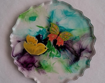 2 Resin Butterfly Coasters – Handmade Colorful Drink Coasters, Coffee Table Decor, Set of 2