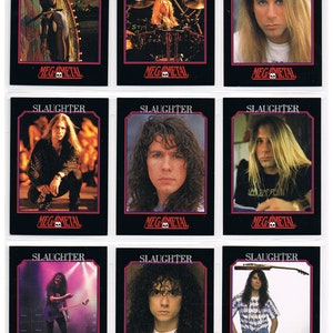 May include: Nine vintage trading cards featuring the band Slaughter. Each card has a black border with the band's name at the top and the words "Mega Metal" at the bottom. The cards feature images of the band members.
