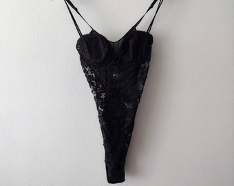 Vintage Victoria’s Secret Black Lace Lingerie Bodysuit 34A Semi Sheer Playsuit