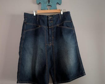 Vintage Marithe Francois Girbaud Shorts Size 36 | Dark Wash Indigo Jorts | Y2K Baggy Hip Hop Streetwear Wide Leg Contrast Stitch
