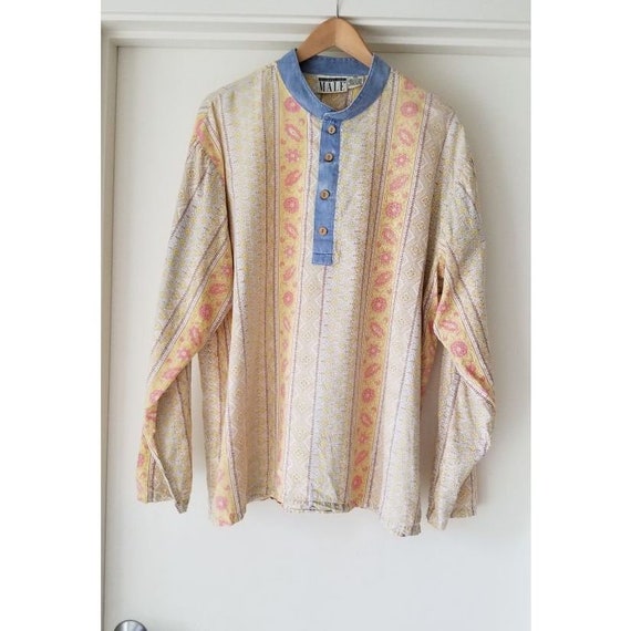 International Male Mens Vintage 80s 90s Boho Romantic Renaissance Casual Button Front Yellow Graphic Print Shirt XL