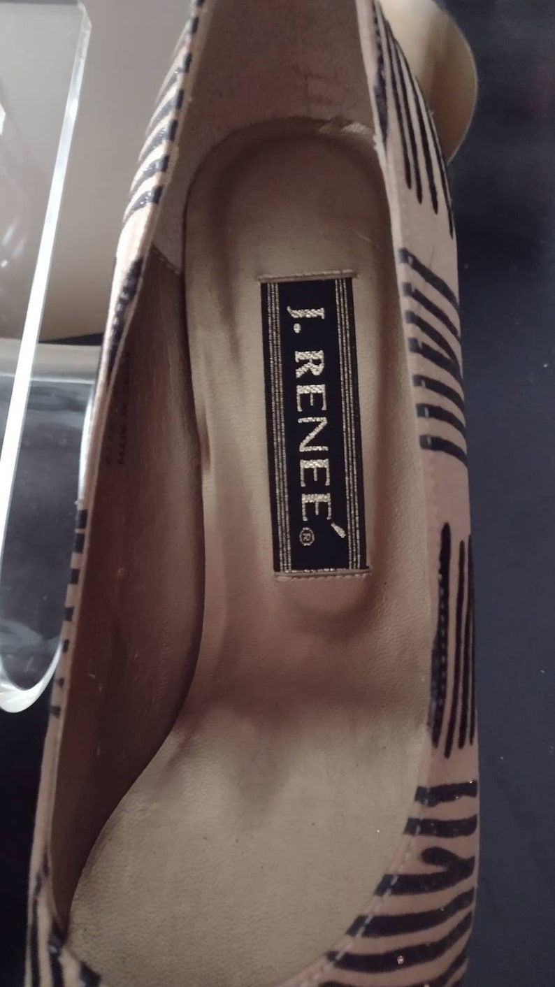 Vintage 90s J. Renee Taupe Black Striped Silk Pumps Size 8.5 Pointed Toe Heels image 6