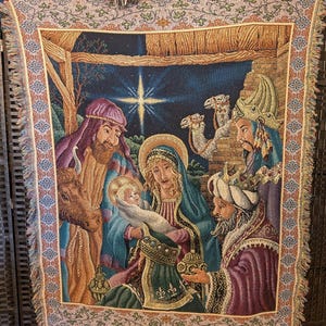 Vintage Nativity Scene Tapestry Wall Hanging Christmas Holy Family Three Kings