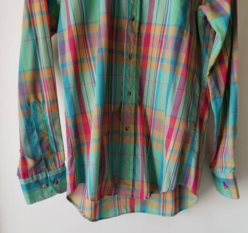 80s Preppy Shirt Mens Vintage Button up Shirts Outbrook Madras Plaid