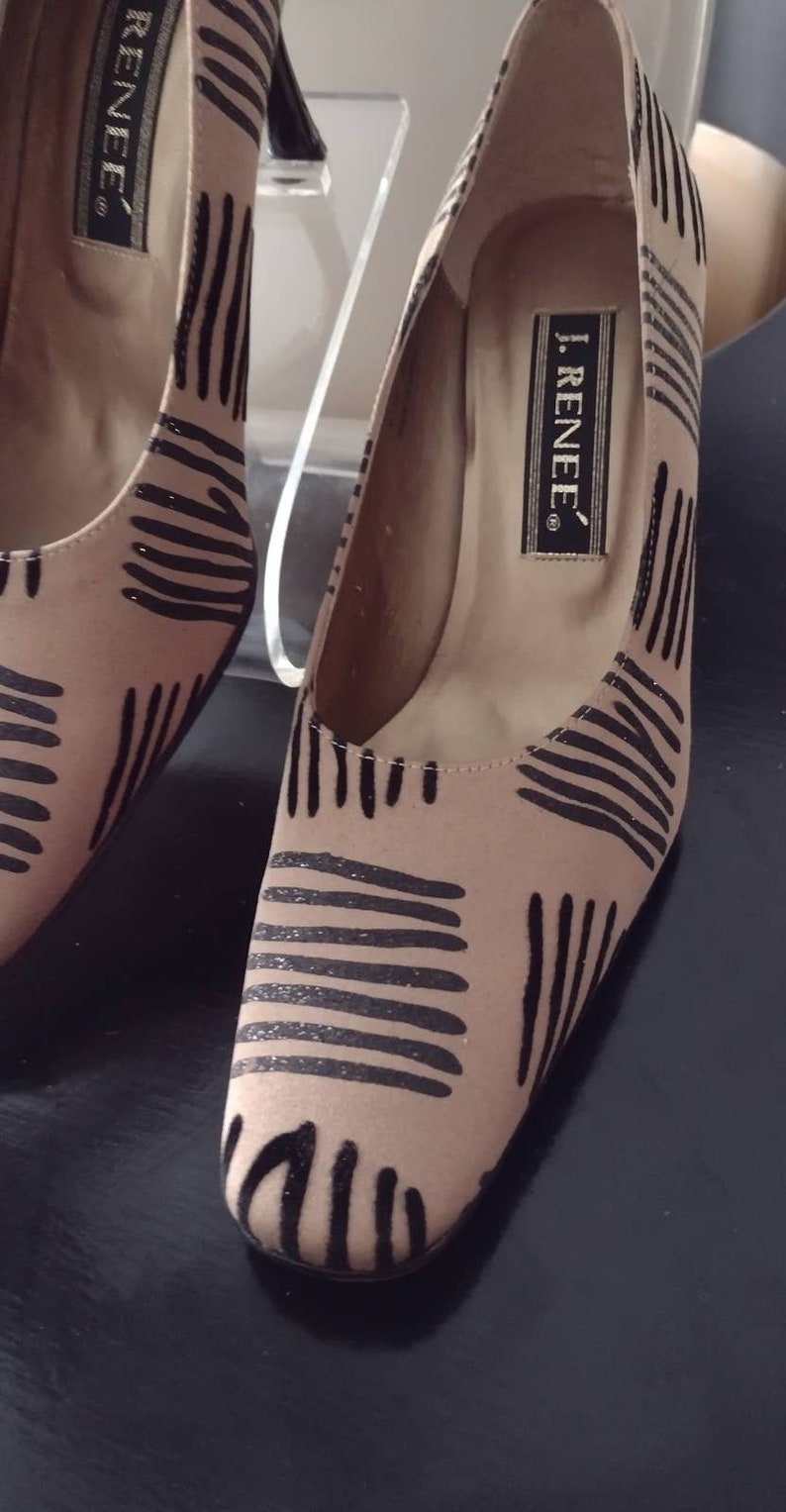 Vintage 90s J. Renee Taupe Black Striped Silk Pumps Size 8.5 Pointed Toe Heels image 3
